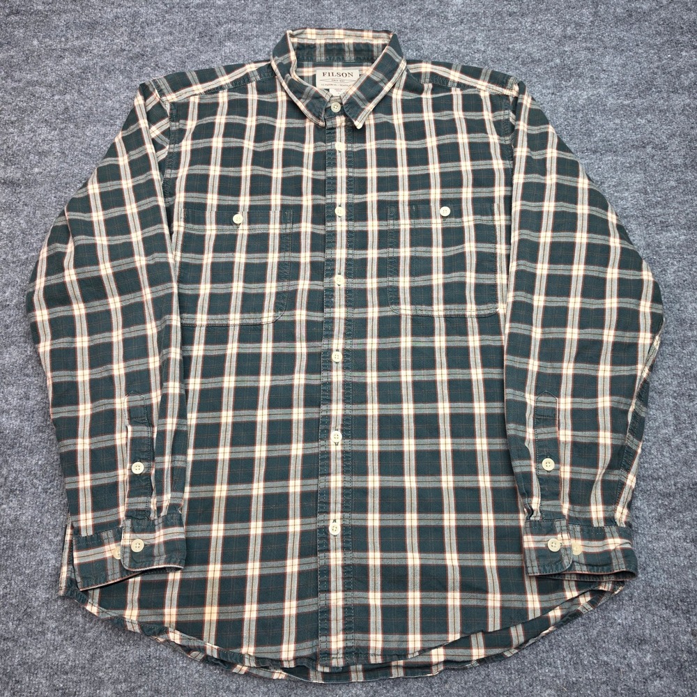 Filson Mens Plaid Flannel Button Down Shirt Green Rust Cream 11010760‎ Large L
